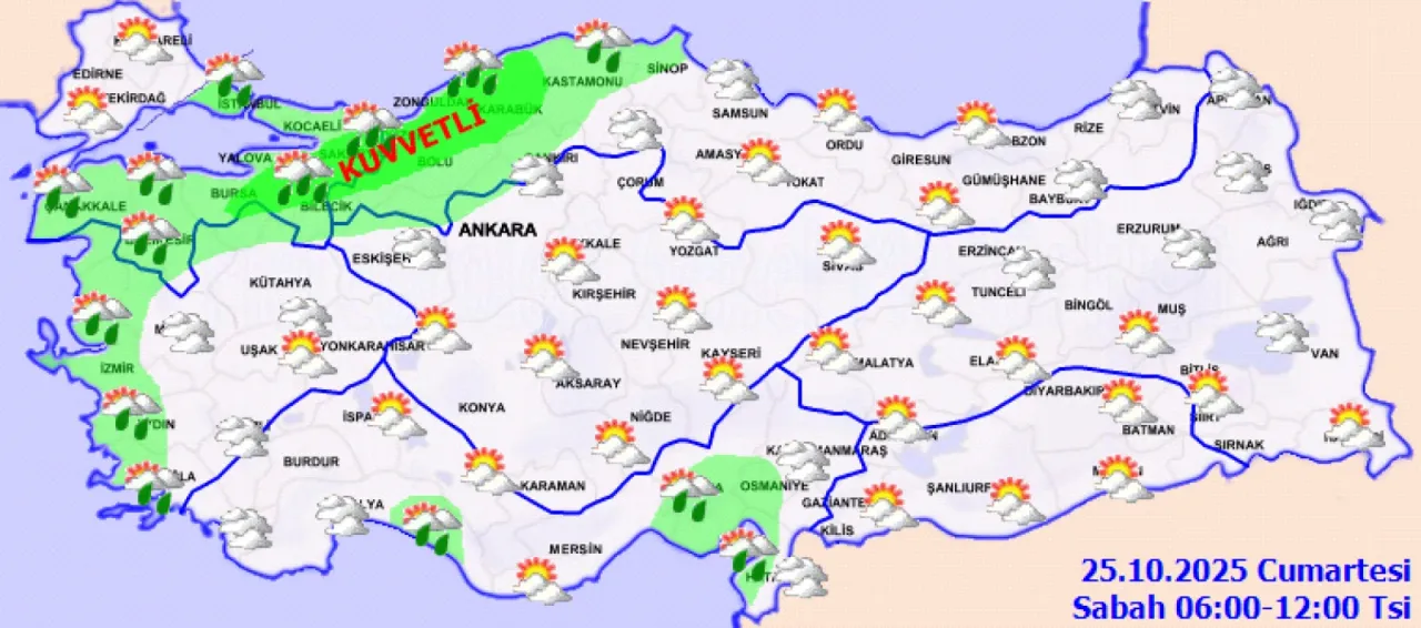 Marmara'nın kuzeydoğusu ve Batı Karadeniz ve Samsun çevreleri için kuvvetli yağış uyarısı