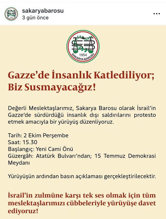 Sakarya Barosu’ndan Gazze için yürüyüş çağrısı
